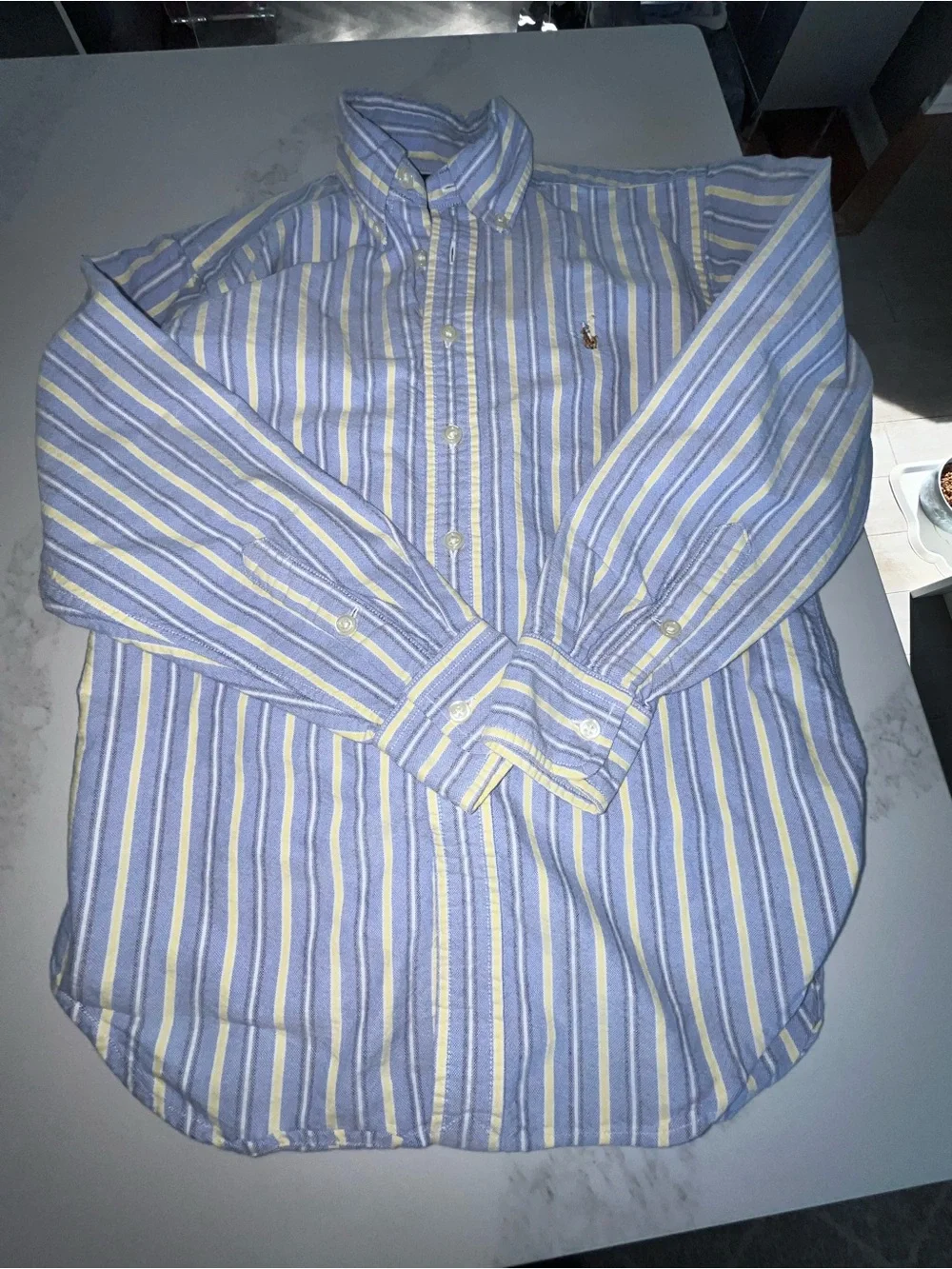 Boys Ralph Lauren blue and yellow striped button down shirt.  Size small or 8.